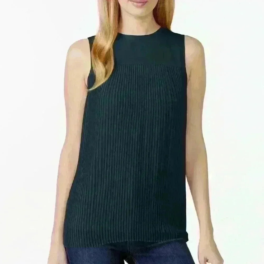 Michael Kors crew neck navy blue unlined sleeveless pleated tank